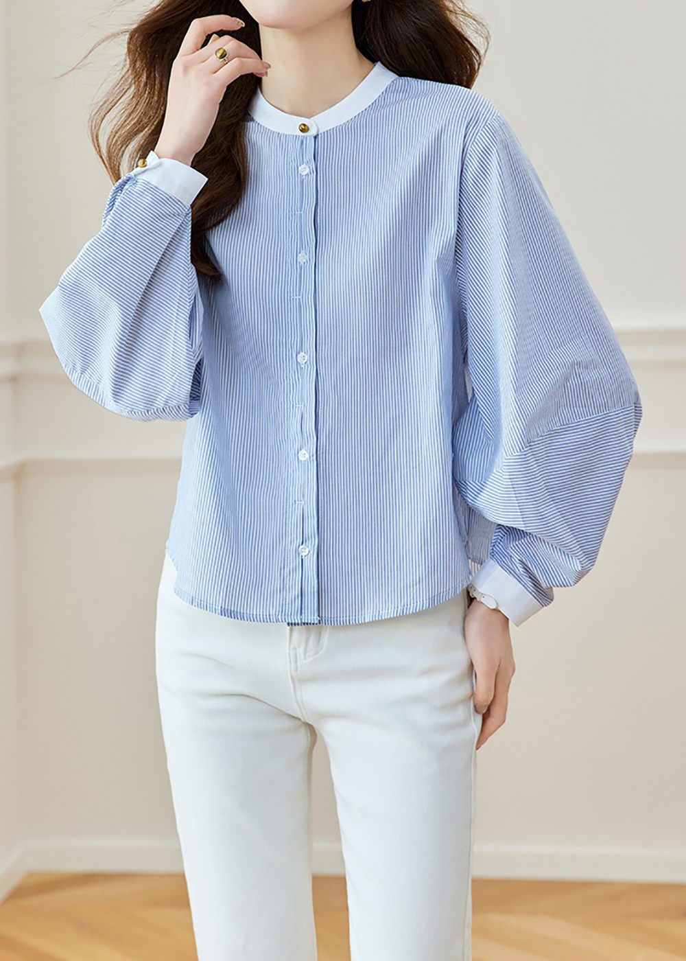 氣質藍條紋圓領襯衫,evaviva,8C-HV7408,氣質藍條紋圓領襯衫,周新品優惠,NEWARRIVAL