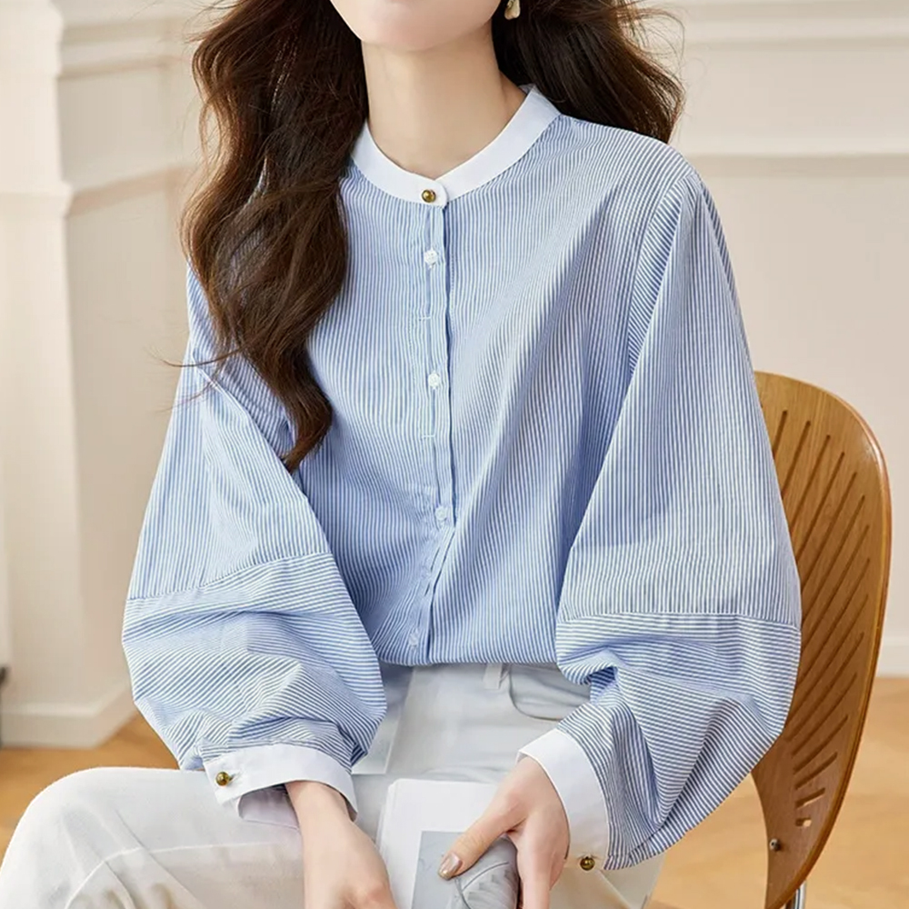 氣質藍條紋圓領襯衫