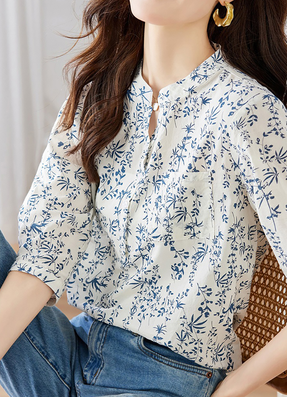 別緻小碎花七分袖襯衫,evaviva,8C-HV7409,別緻小碎花七分袖襯衫,領500,999免運