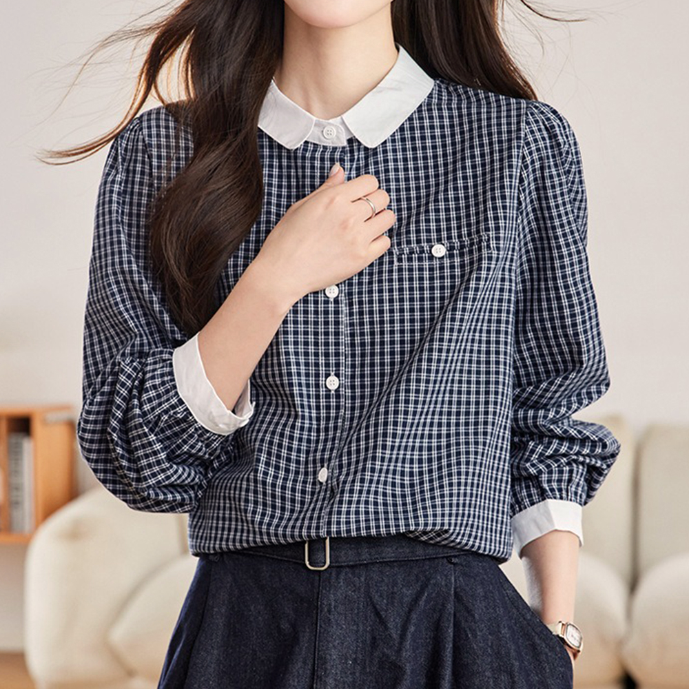 寬鬆撞色格子長袖襯衫