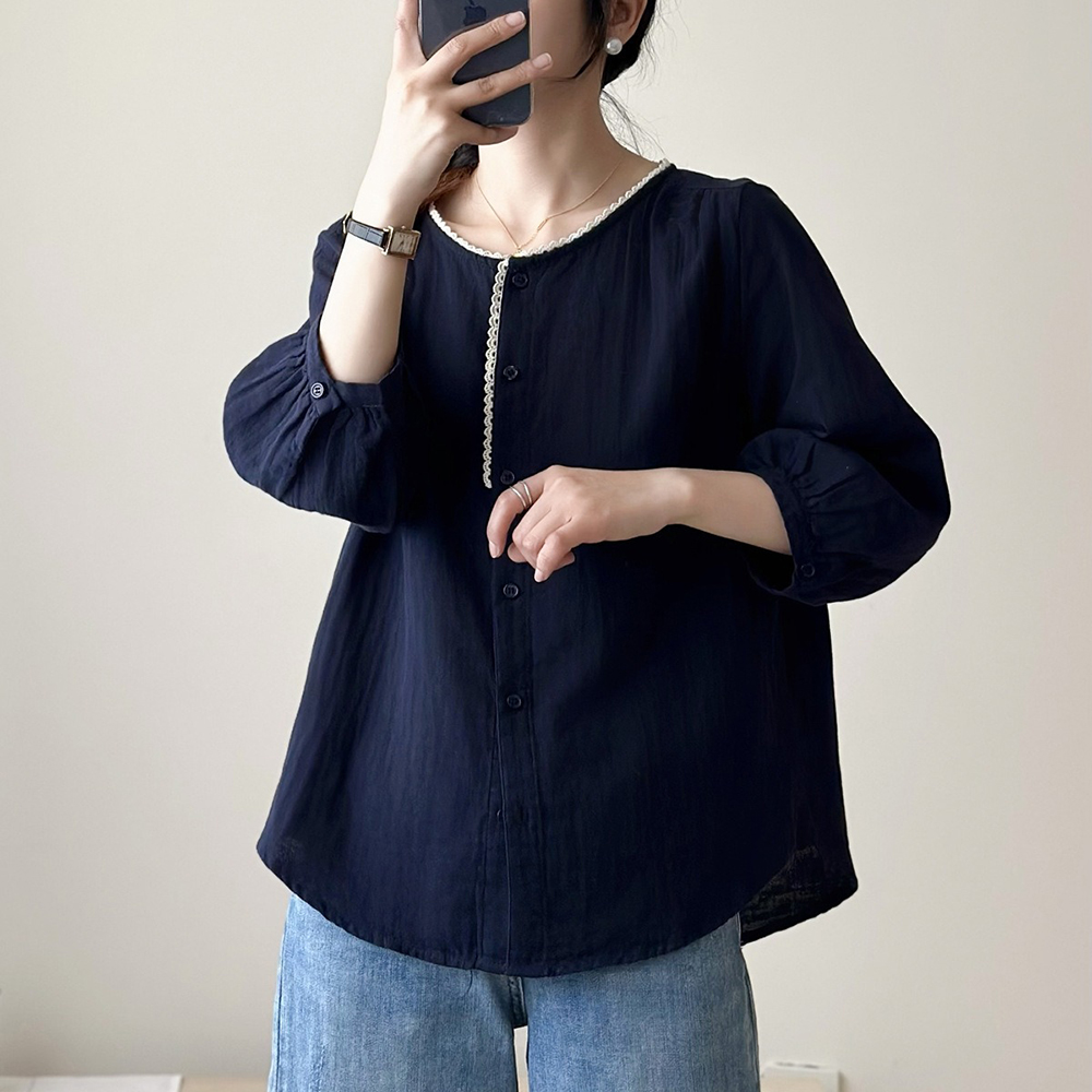 文藝風圓領七分袖襯衫,evaviva,8C-UA7404,文藝風圓領七分袖襯衫,領500,999免運