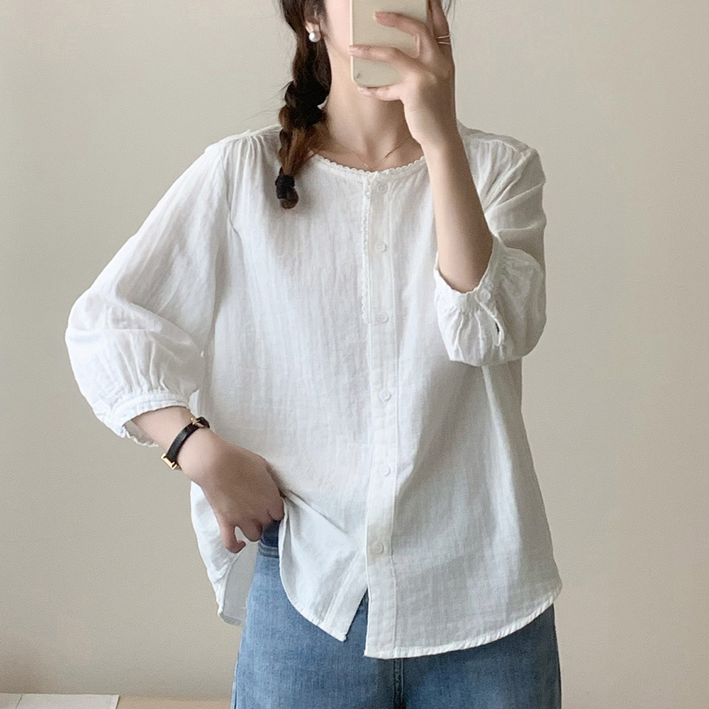 文藝風圓領七分袖襯衫,evaviva,8C-UA7404,文藝風圓領七分袖襯衫,領500,999免運