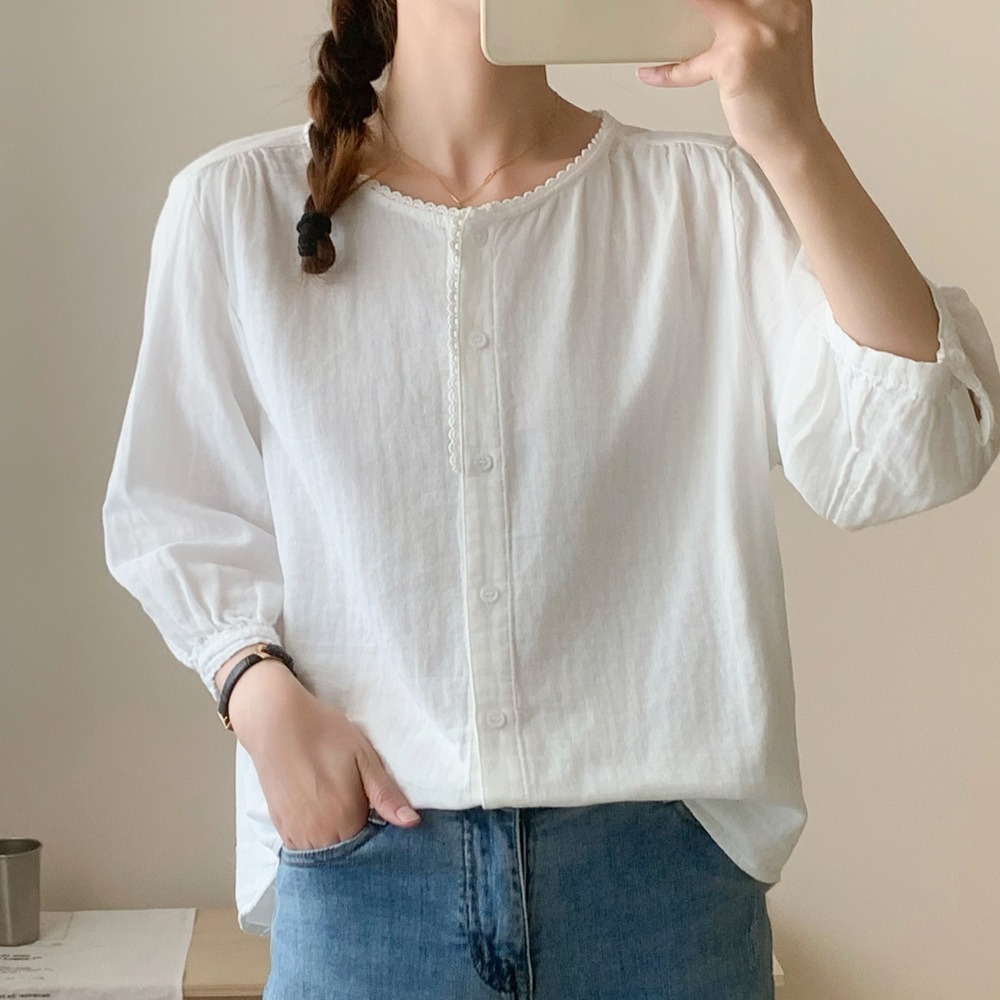 文藝風圓領七分袖襯衫,evaviva,8C-UA7404,文藝風圓領七分袖襯衫,領500,999免運