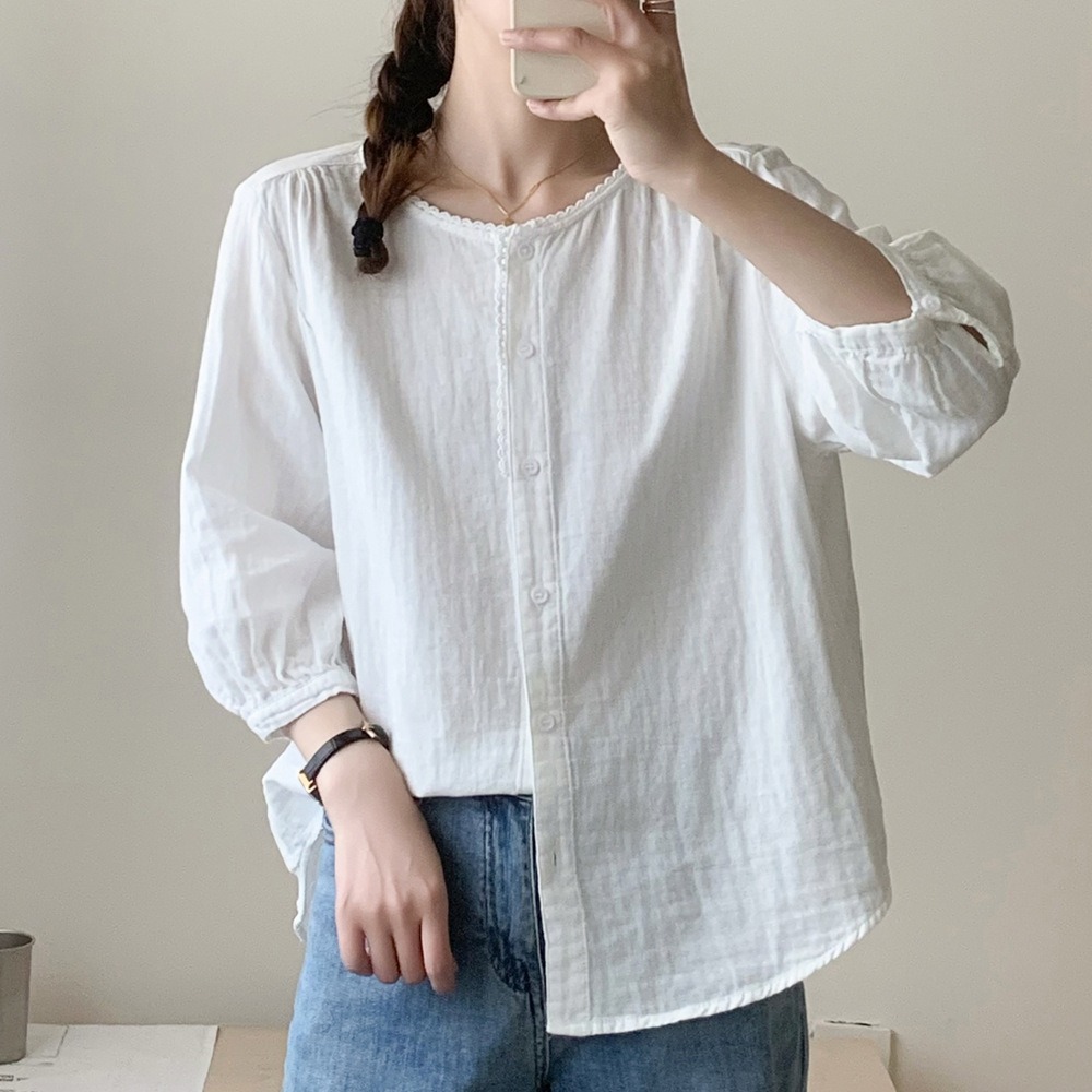 文藝風圓領七分袖襯衫,evaviva,8C-UA7404,文藝風圓領七分袖襯衫,領500,999免運