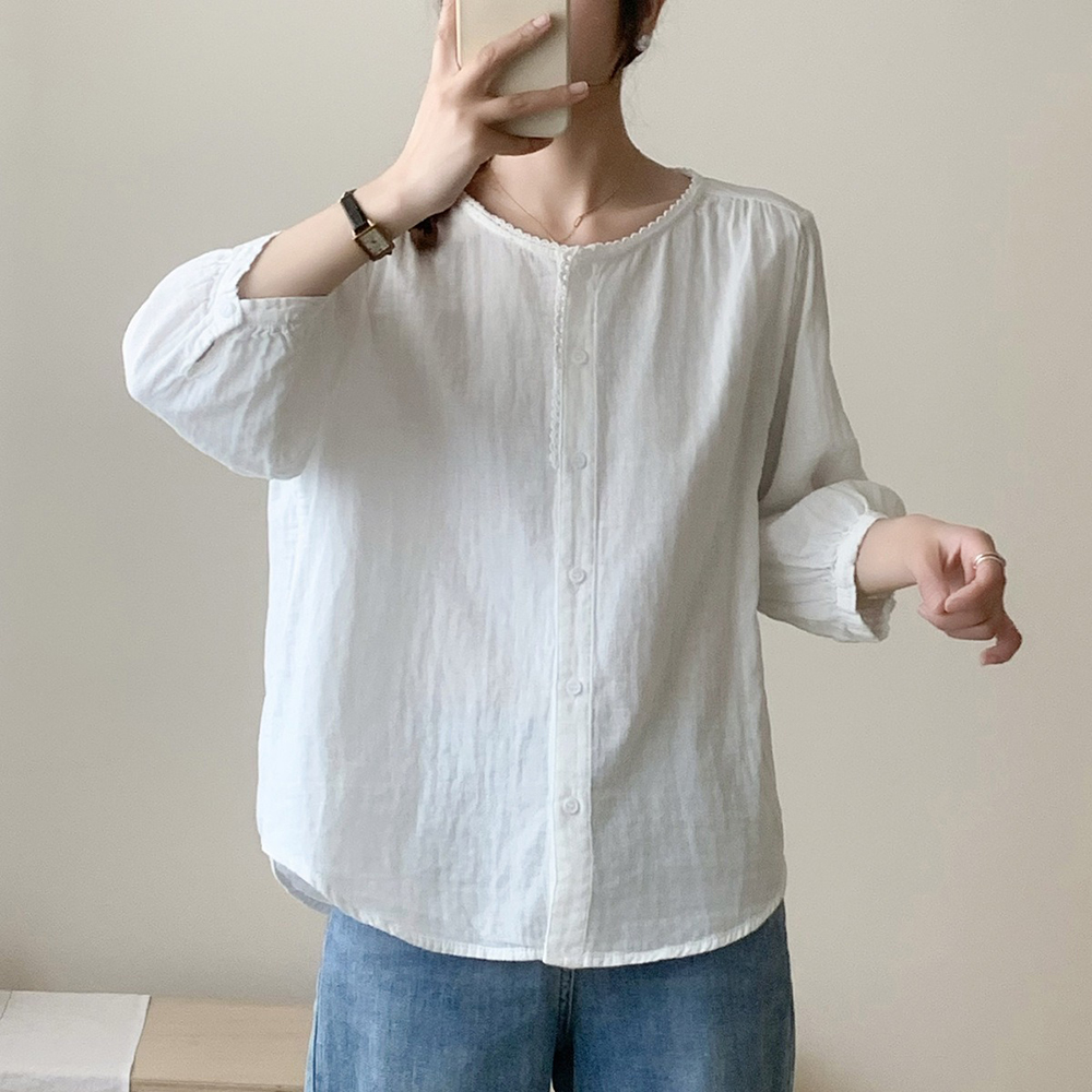 文藝風圓領七分袖襯衫,evaviva,8C-UA7404,文藝風圓領七分袖襯衫,領500,999免運