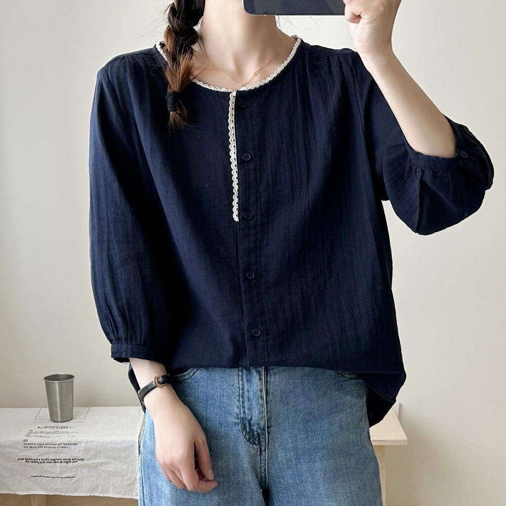 文藝風圓領七分袖襯衫,evaviva,8C-UA7404,文藝風圓領七分袖襯衫,領500,999免運