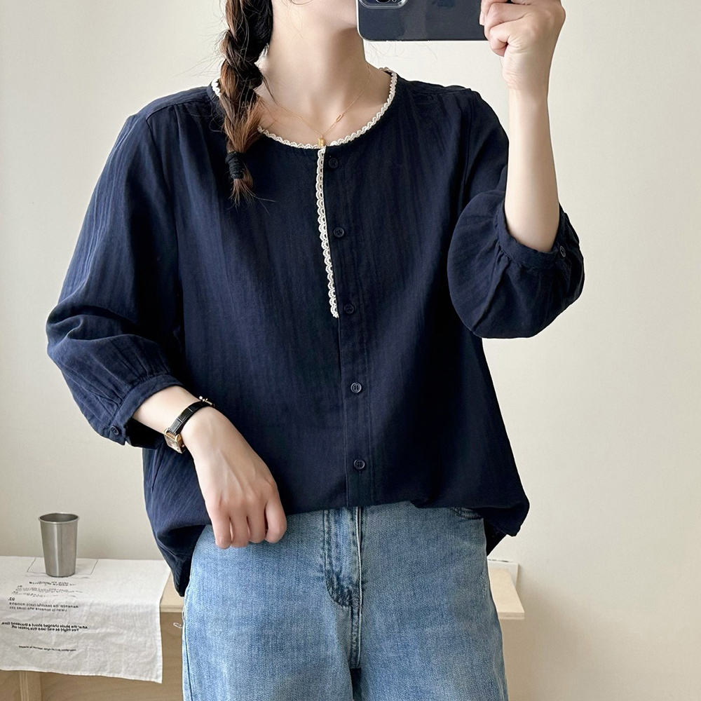 文藝風圓領七分袖襯衫,evaviva,8C-UA7404,文藝風圓領七分袖襯衫,領500,999免運