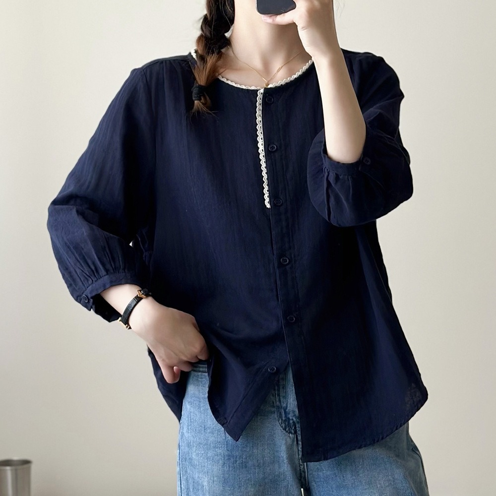 文藝風圓領七分袖襯衫,evaviva,8C-UA7404,文藝風圓領七分袖襯衫,領500,999免運