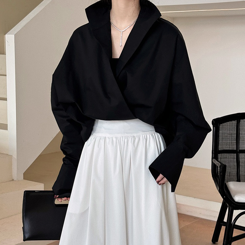 深V立領蝙蝠袖襯衫