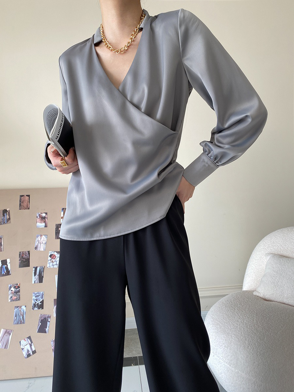 復古小立領緞面襯衫,evaviva,4N-ZA09194,復古小立領緞面襯衫,周新品優惠,NEWARRIVAL