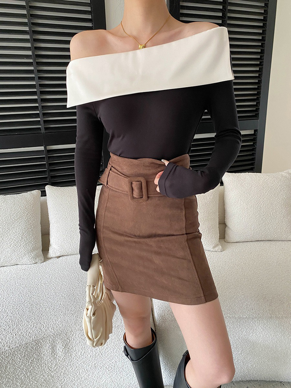 撞色拼接一字領上衣,evaviva,4N-ZA09196,撞色拼接一字領上衣,周新品優惠,NEWARRIVAL