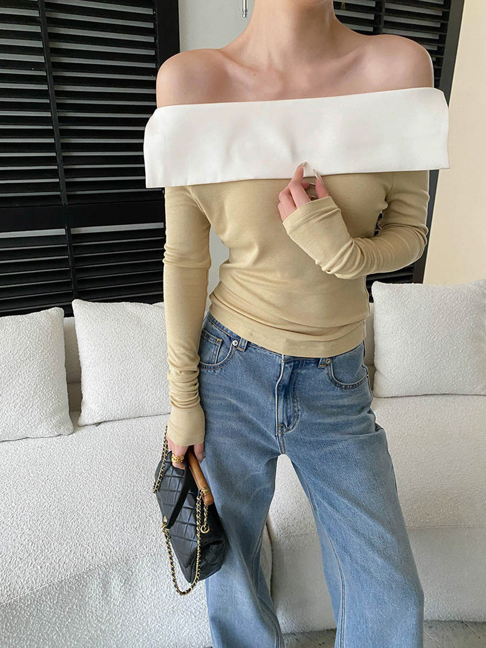 撞色拼接一字領上衣,evaviva,4N-ZA09196,撞色拼接一字領上衣,周新品優惠,NEWARRIVAL