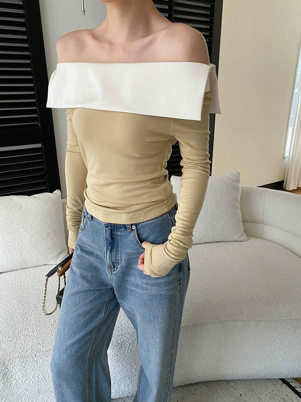 撞色拼接一字領上衣,evaviva,4N-ZA09196,撞色拼接一字領上衣,周新品優惠,NEWARRIVAL