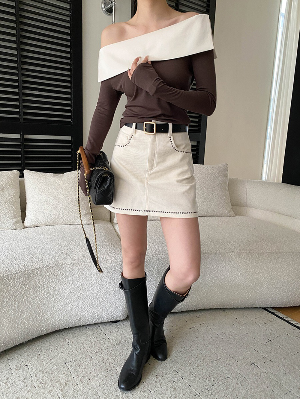 撞色拼接一字領上衣,evaviva,4N-ZA09196,撞色拼接一字領上衣,周新品優惠,NEWARRIVAL