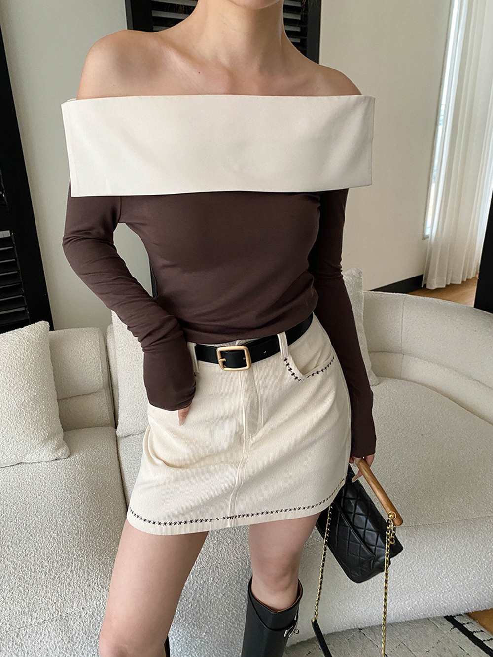 撞色拼接一字領上衣,evaviva,4N-ZA09196,撞色拼接一字領上衣,周新品優惠,NEWARRIVAL