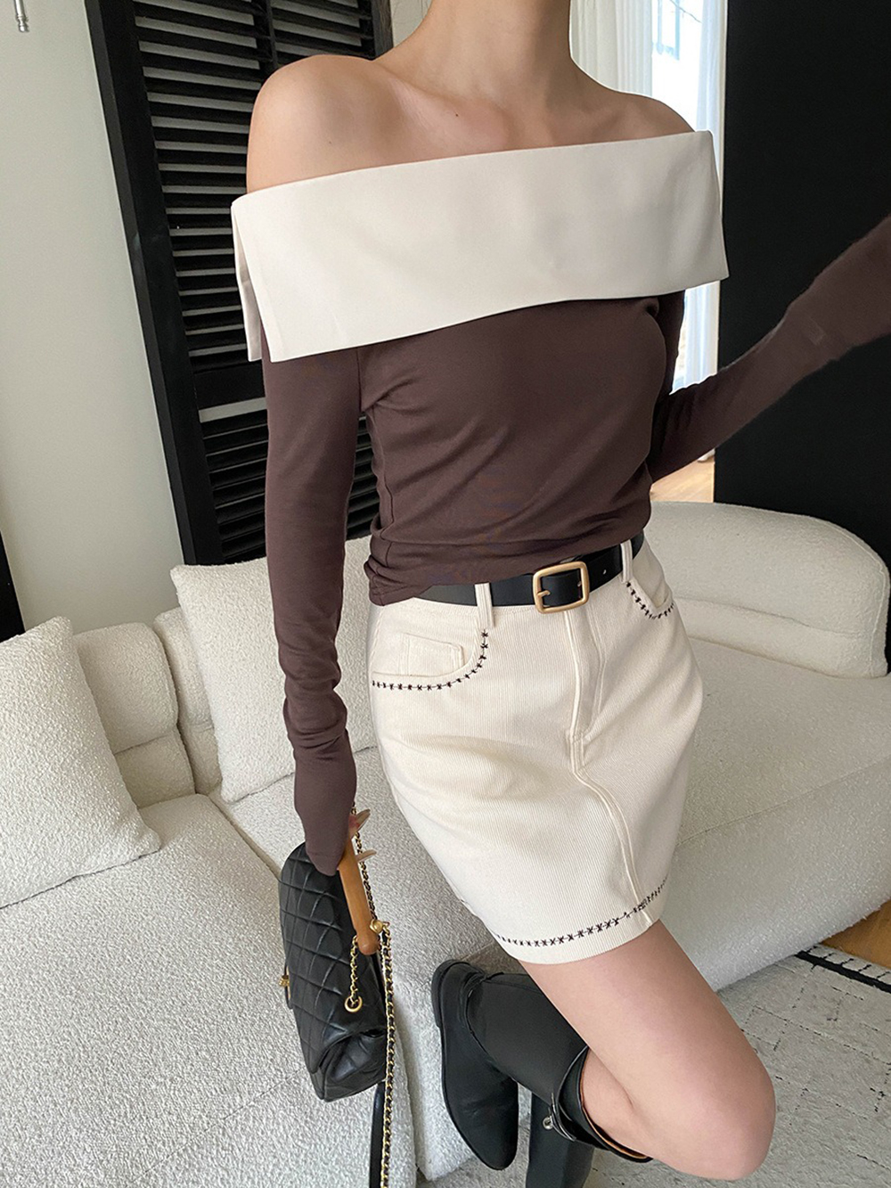 撞色拼接一字領上衣,evaviva,4N-ZA09196,撞色拼接一字領上衣,周新品優惠,NEWARRIVAL