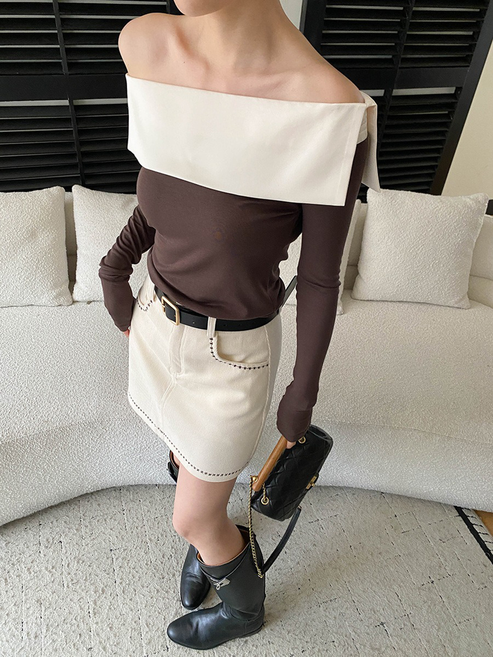 撞色拼接一字領上衣,evaviva,4N-ZA09196,撞色拼接一字領上衣,周新品優惠,NEWARRIVAL