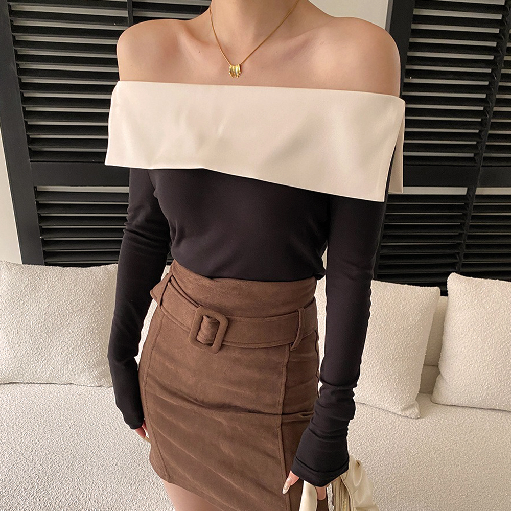 撞色拼接一字領上衣