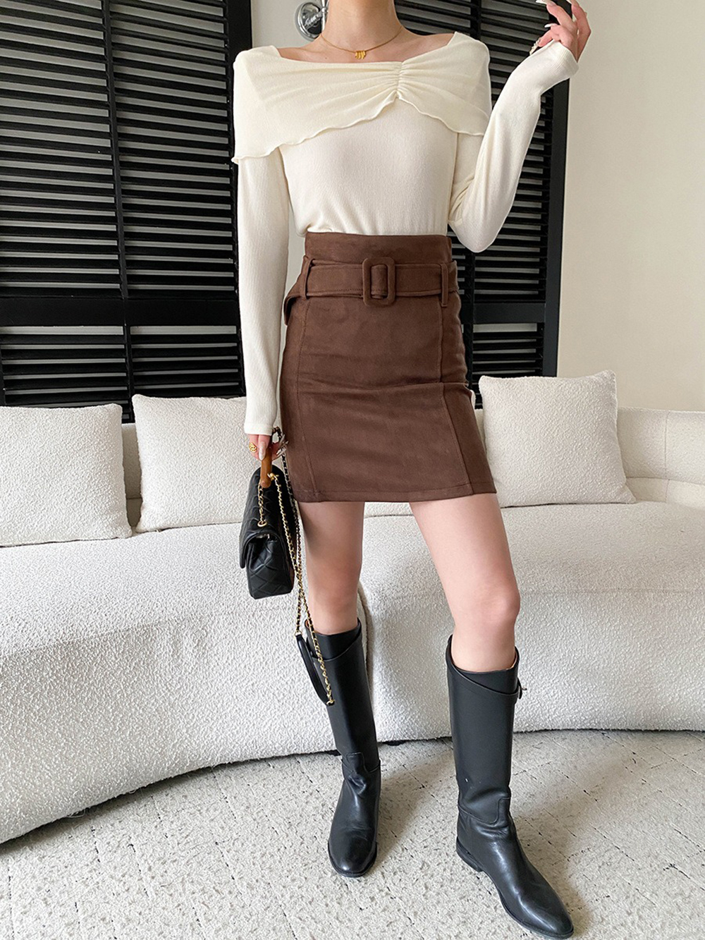 復古麂皮絨腰帶短裙,evaviva,4N-ZC09195,復古麂皮絨腰帶短裙,周新品優惠,NEWARRIVAL