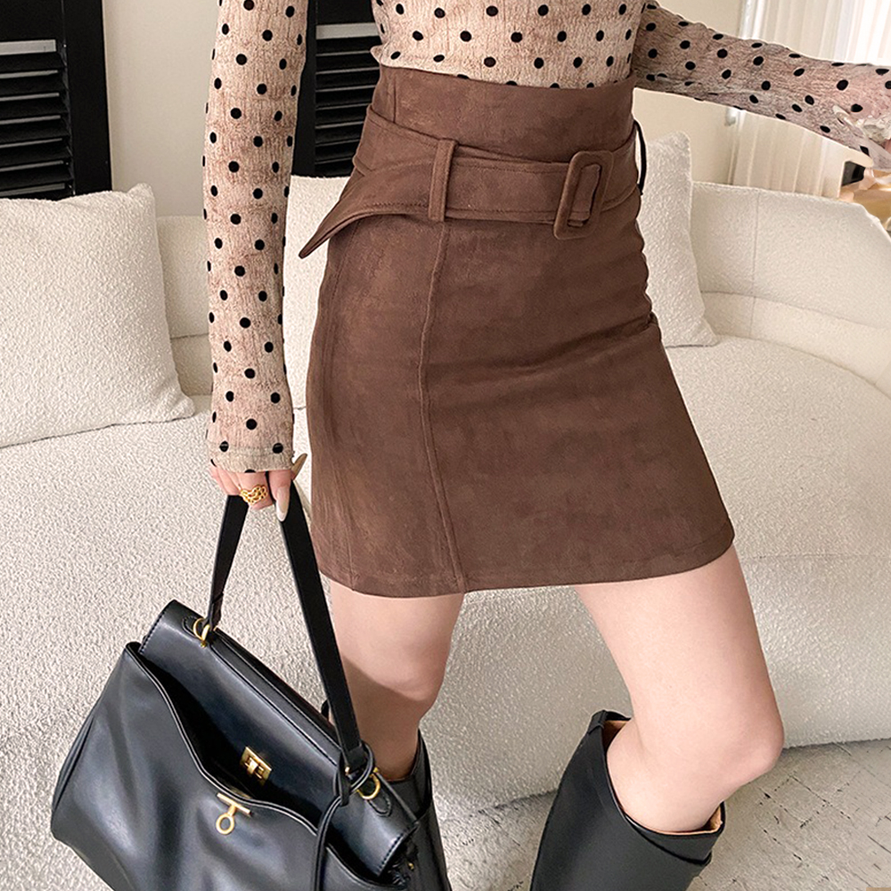 復古麂皮絨腰帶短裙
