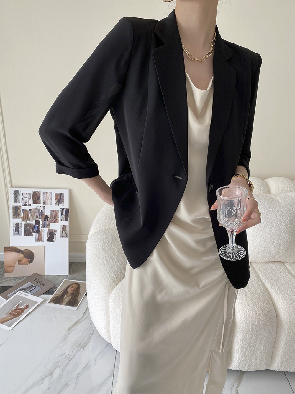修身款七分袖西裝外套,evaviva,4N-ZF09197,修身款七分袖西裝外套,領500,999免運