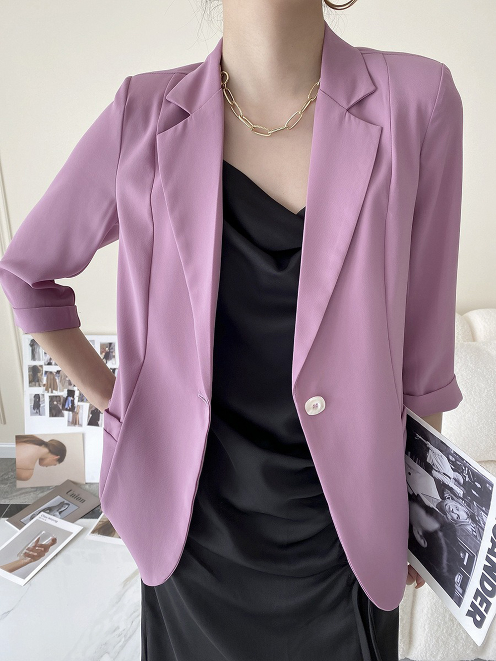 修身款七分袖西裝外套,evaviva,4N-ZF09197,修身款七分袖西裝外套,領500,999免運