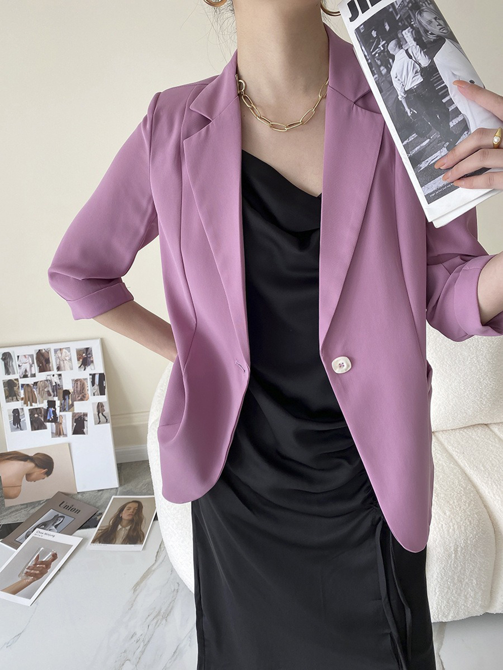 修身款七分袖西裝外套,evaviva,4N-ZF09197,修身款七分袖西裝外套,領500,999免運