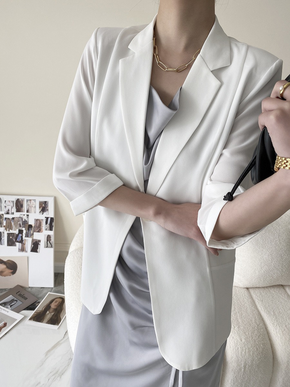 修身款七分袖西裝外套,evaviva,4N-ZF09197,修身款七分袖西裝外套,領500,999免運