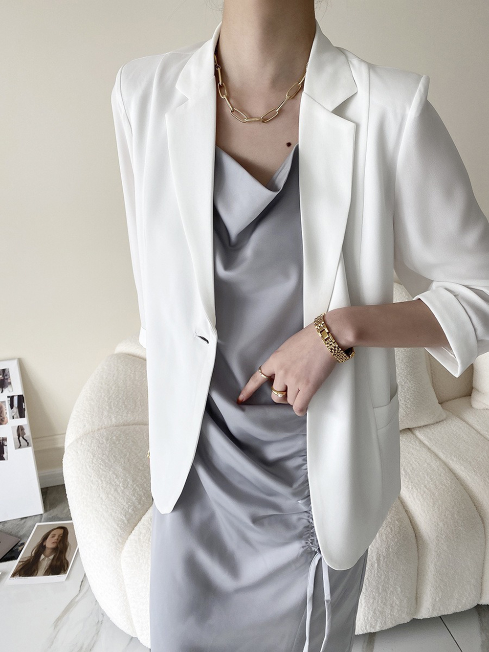 修身款七分袖西裝外套,evaviva,4N-ZF09197,修身款七分袖西裝外套,領500,999免運