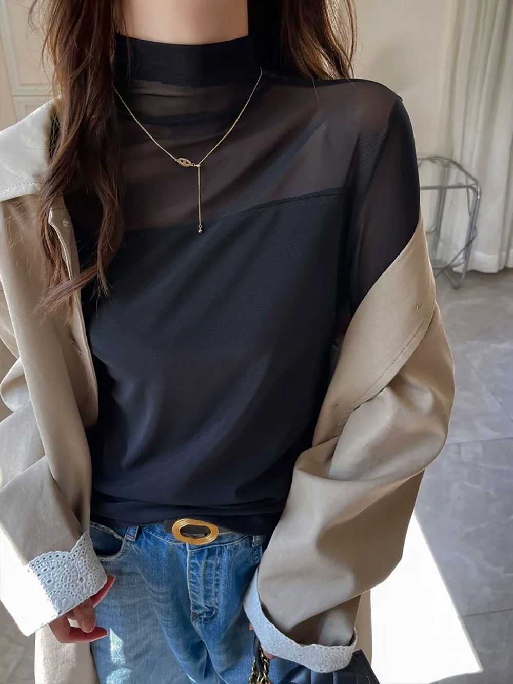 半高領網紗拼接上衣,evaviva,8C-GX7423,半高領網紗拼接上衣,領500,999免運