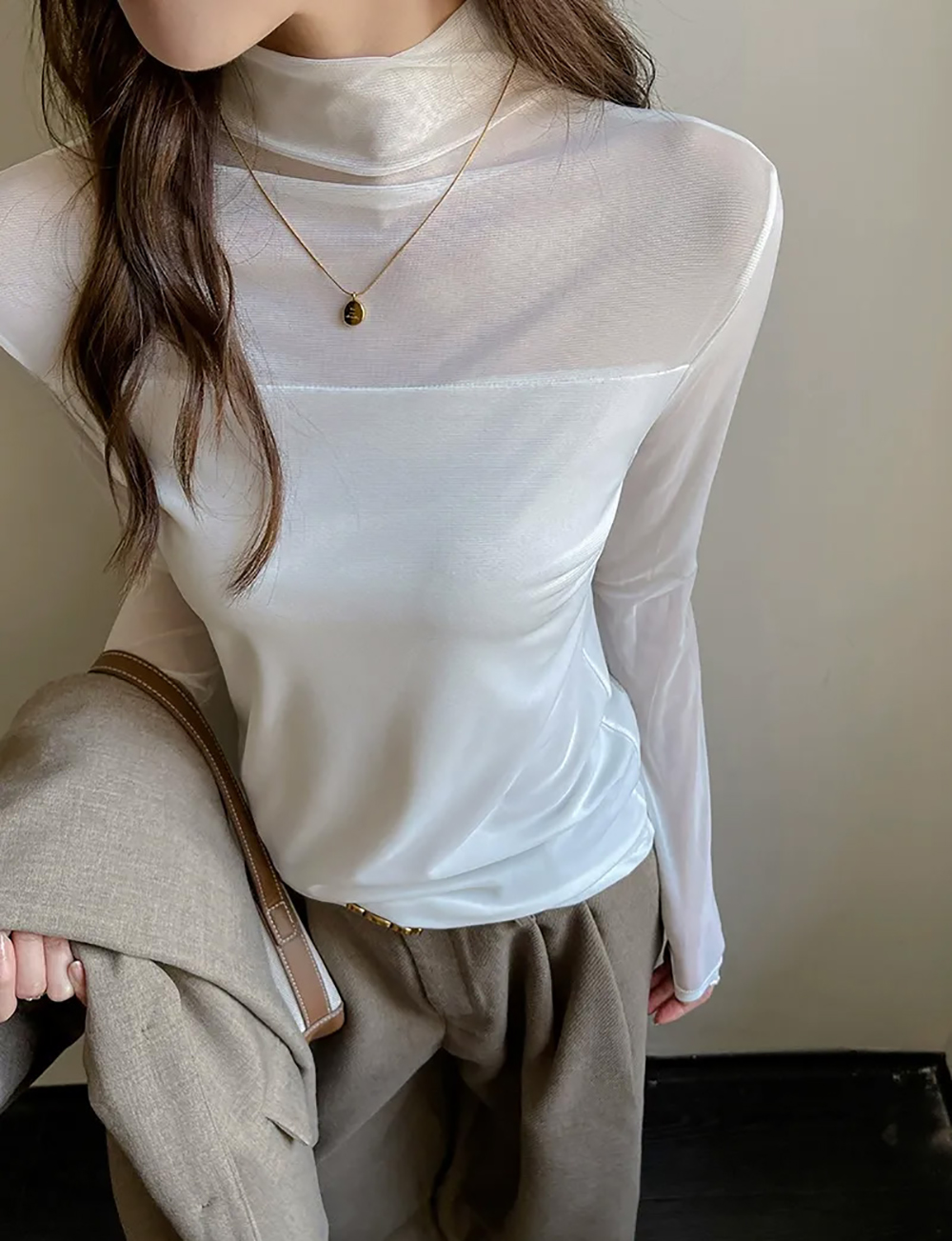 半高領網紗拼接上衣,evaviva,8C-GX7423,半高領網紗拼接上衣,領500,999免運