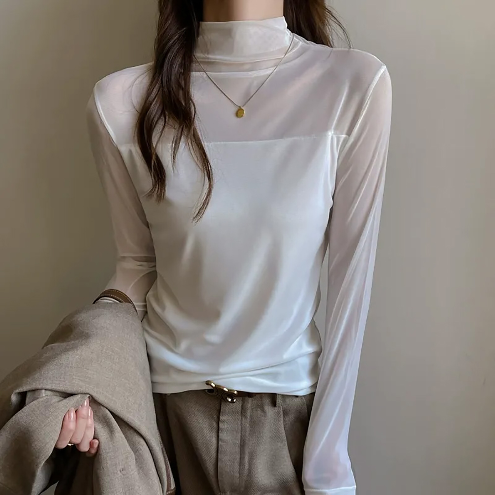 半高領網紗拼接上衣,evaviva,8C-GX7423,半高領網紗拼接上衣,領500,999免運