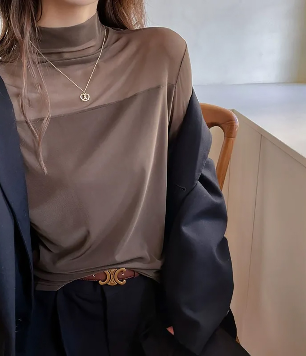 半高領網紗拼接上衣,evaviva,8C-GX7423,半高領網紗拼接上衣,領500,999免運