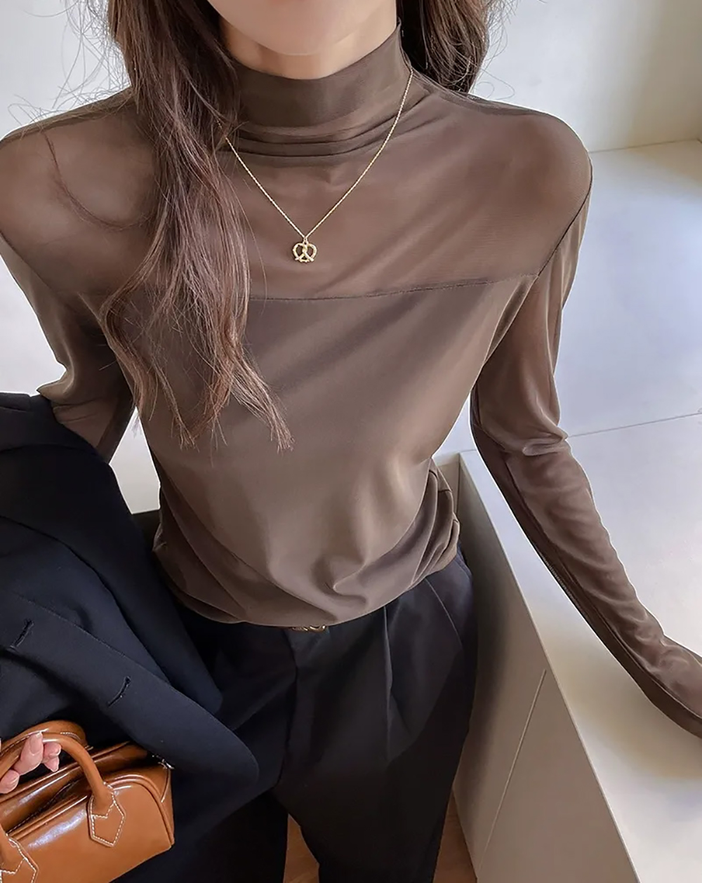 半高領網紗拼接上衣,evaviva,8C-GX7423,半高領網紗拼接上衣,領500,999免運