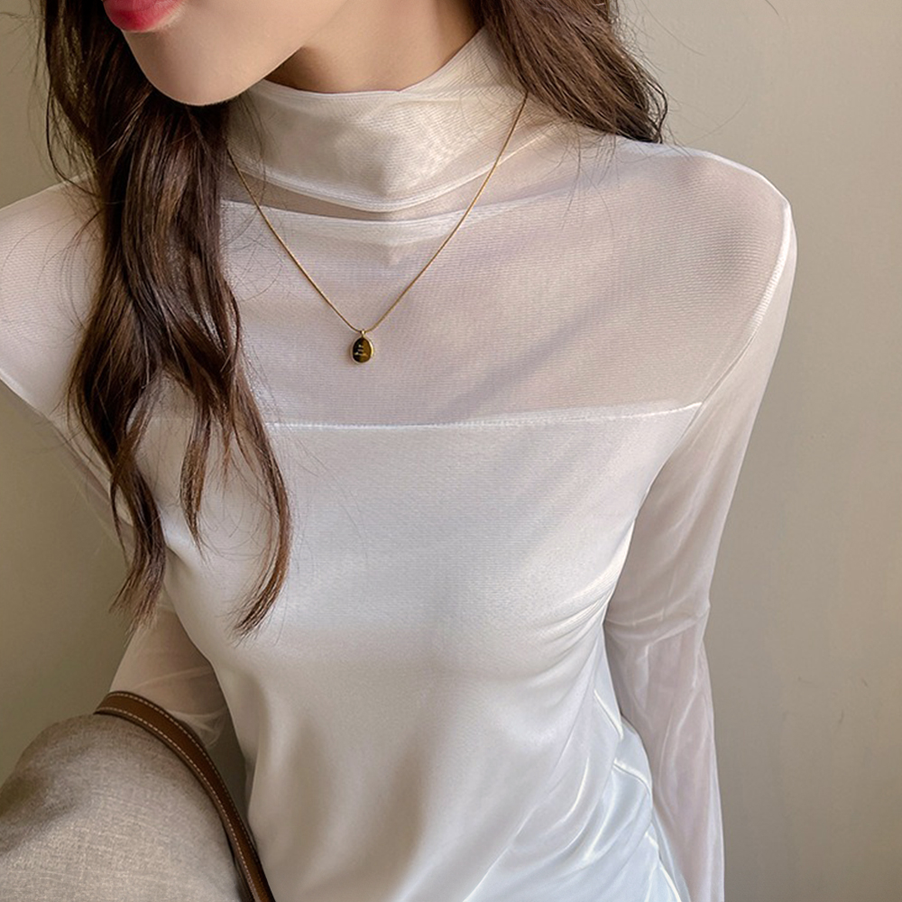 半高領網紗拼接上衣