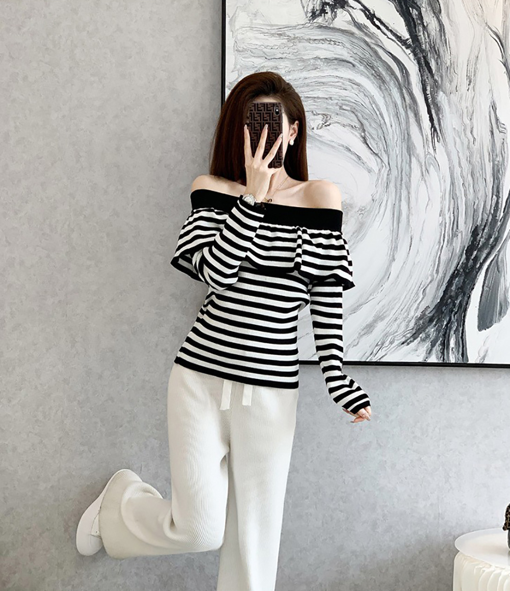 荷葉邊一字領條紋上衣,evaviva,JW-ZA09189,荷葉邊一字領條紋上衣,周新品優惠,NEWARRIVAL