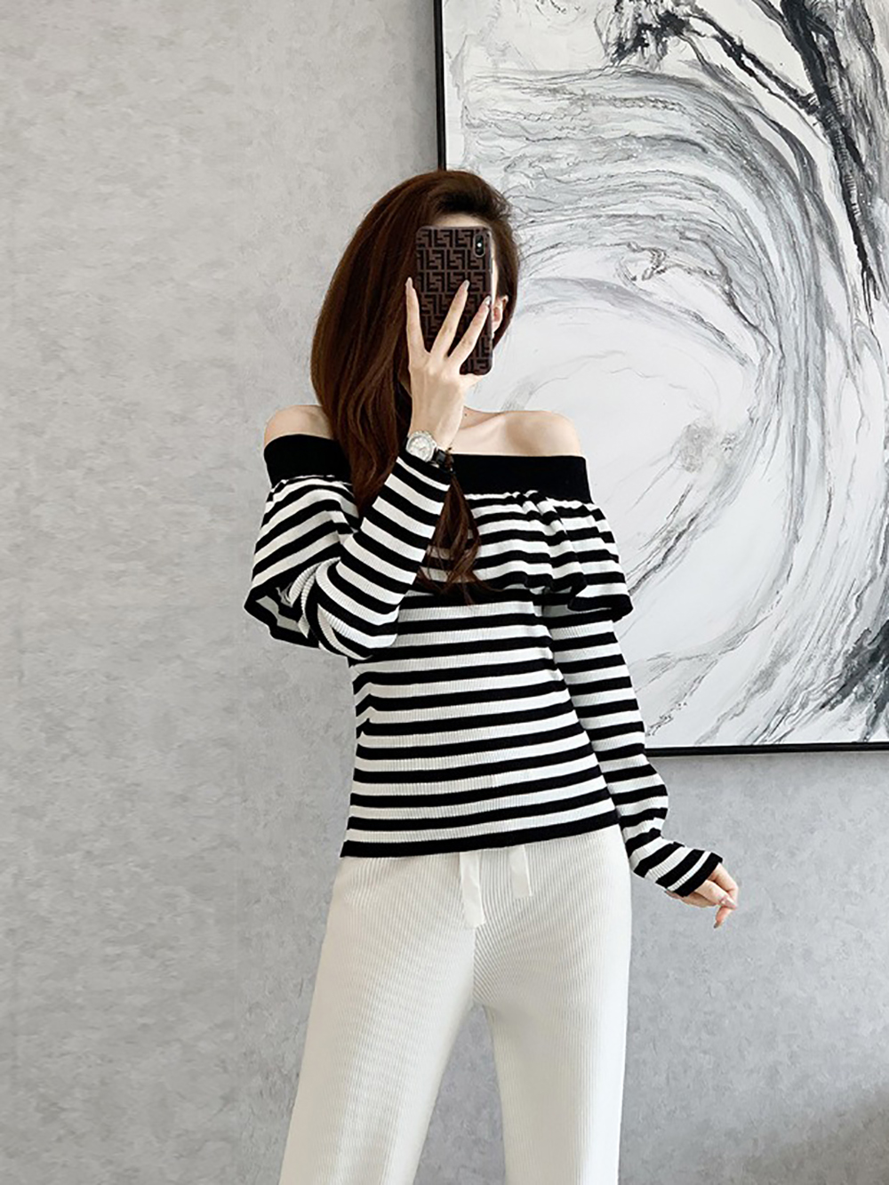 荷葉邊一字領條紋上衣,evaviva,JW-ZA09189,荷葉邊一字領條紋上衣,周新品優惠,NEWARRIVAL