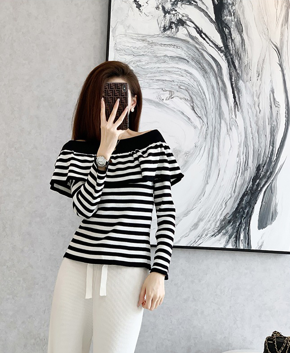 荷葉邊一字領條紋上衣,evaviva,JW-ZA09189,荷葉邊一字領條紋上衣,周新品優惠,NEWARRIVAL