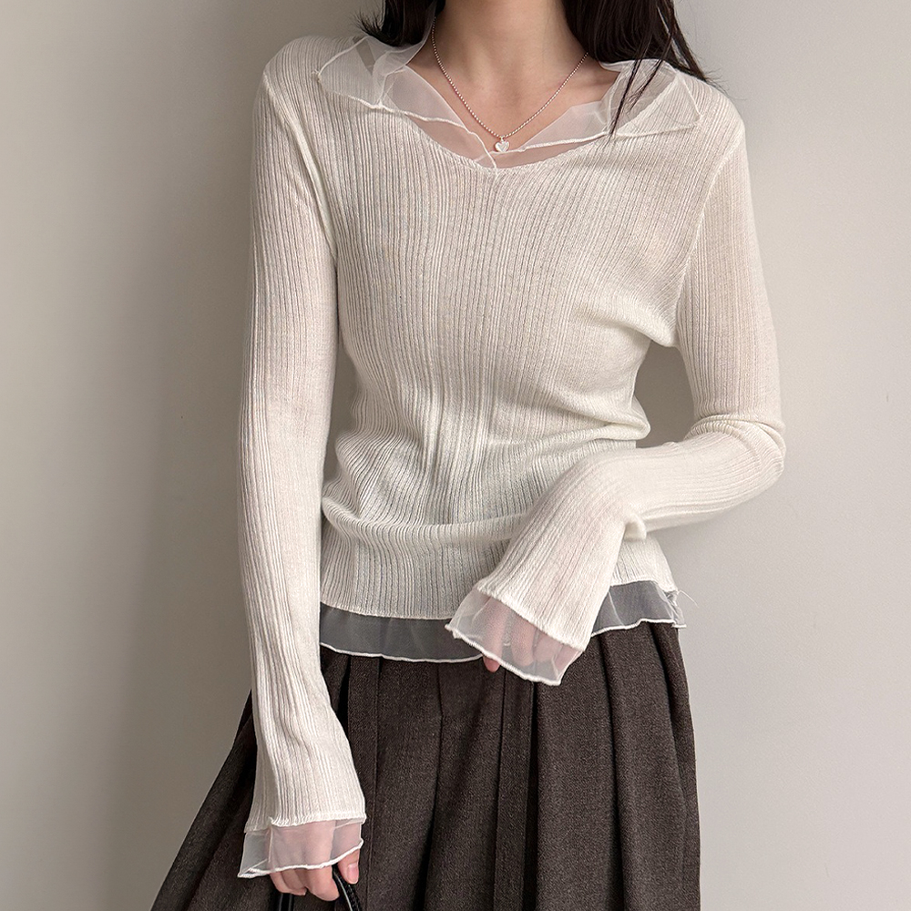 網紗拼接薄款針織上衣