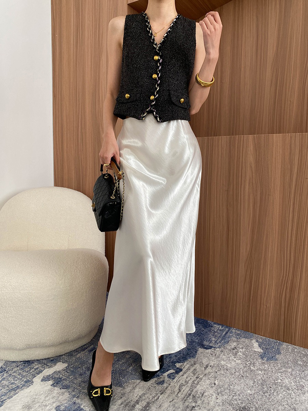 鬆緊高腰珠光緞面長裙,evaviva,4N-ZC09199,鬆緊高腰珠光緞面長裙,周新品優惠,NEWARRIVAL