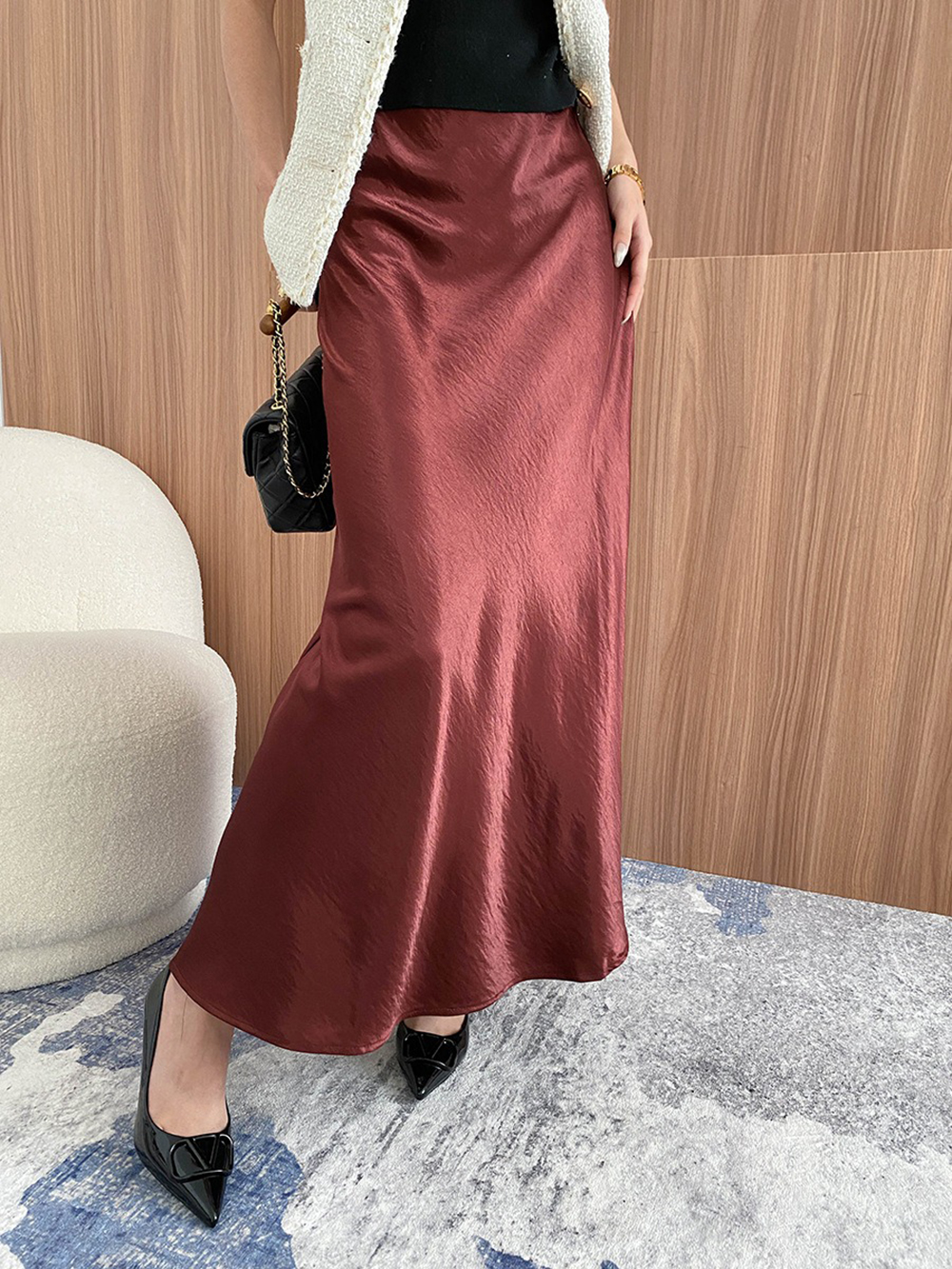 鬆緊高腰珠光緞面長裙,evaviva,4N-ZC09199,鬆緊高腰珠光緞面長裙,周新品優惠,NEWARRIVAL