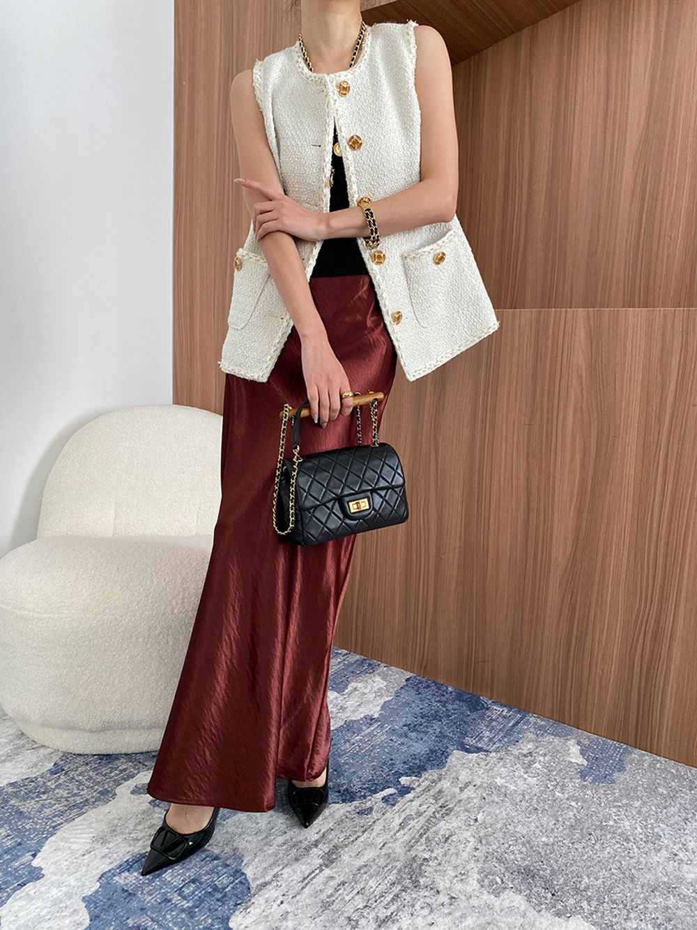 鬆緊高腰珠光緞面長裙,evaviva,4N-ZC09199,鬆緊高腰珠光緞面長裙,周新品優惠,NEWARRIVAL