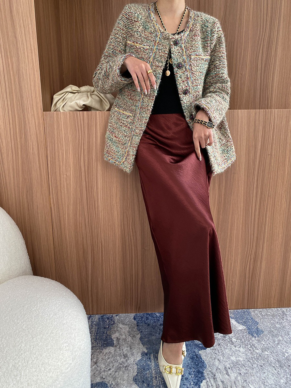 鬆緊高腰珠光緞面長裙,evaviva,4N-ZC09199,鬆緊高腰珠光緞面長裙,周新品優惠,NEWARRIVAL