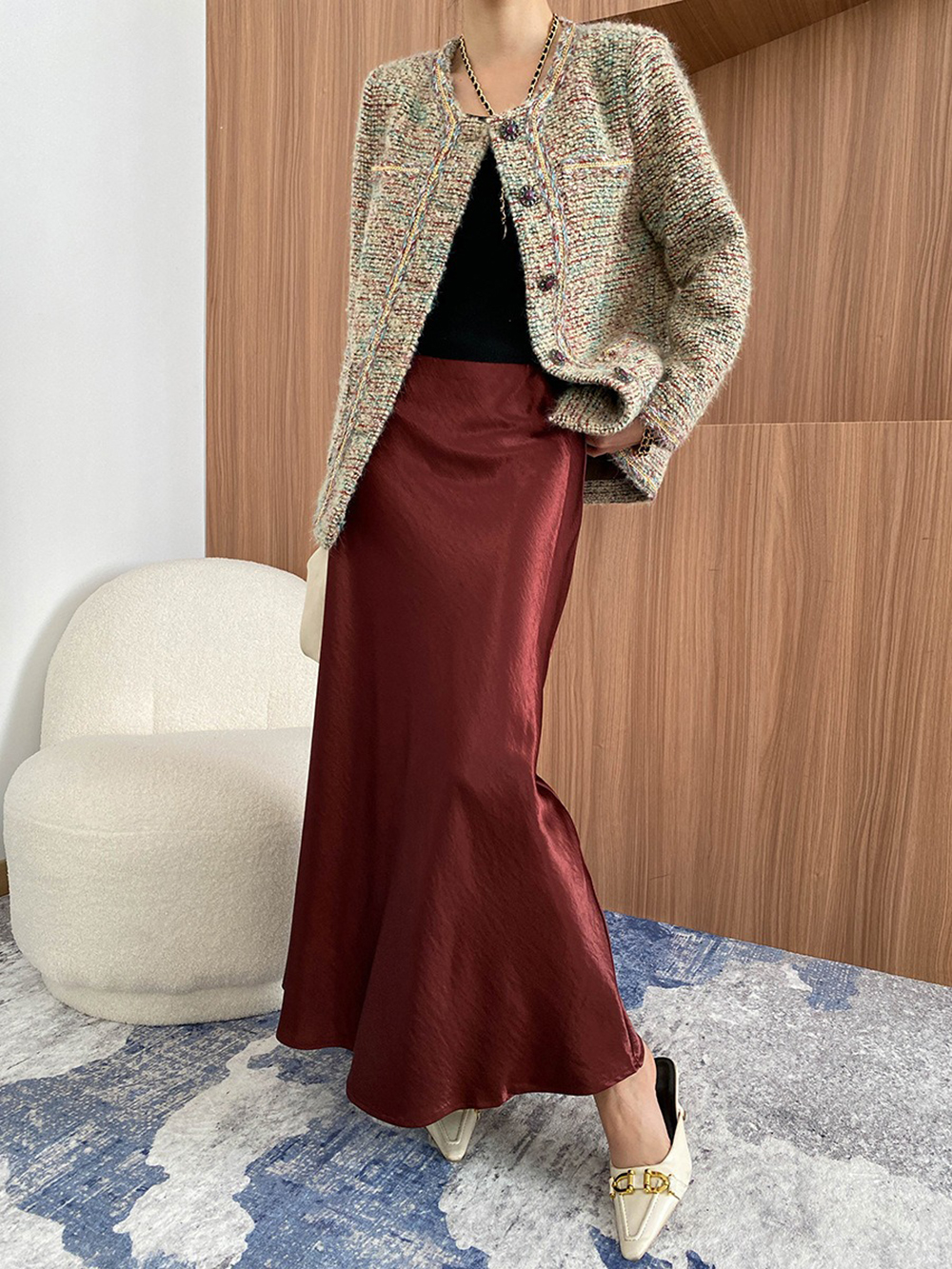 鬆緊高腰珠光緞面長裙,evaviva,4N-ZC09199,鬆緊高腰珠光緞面長裙,周新品優惠,NEWARRIVAL