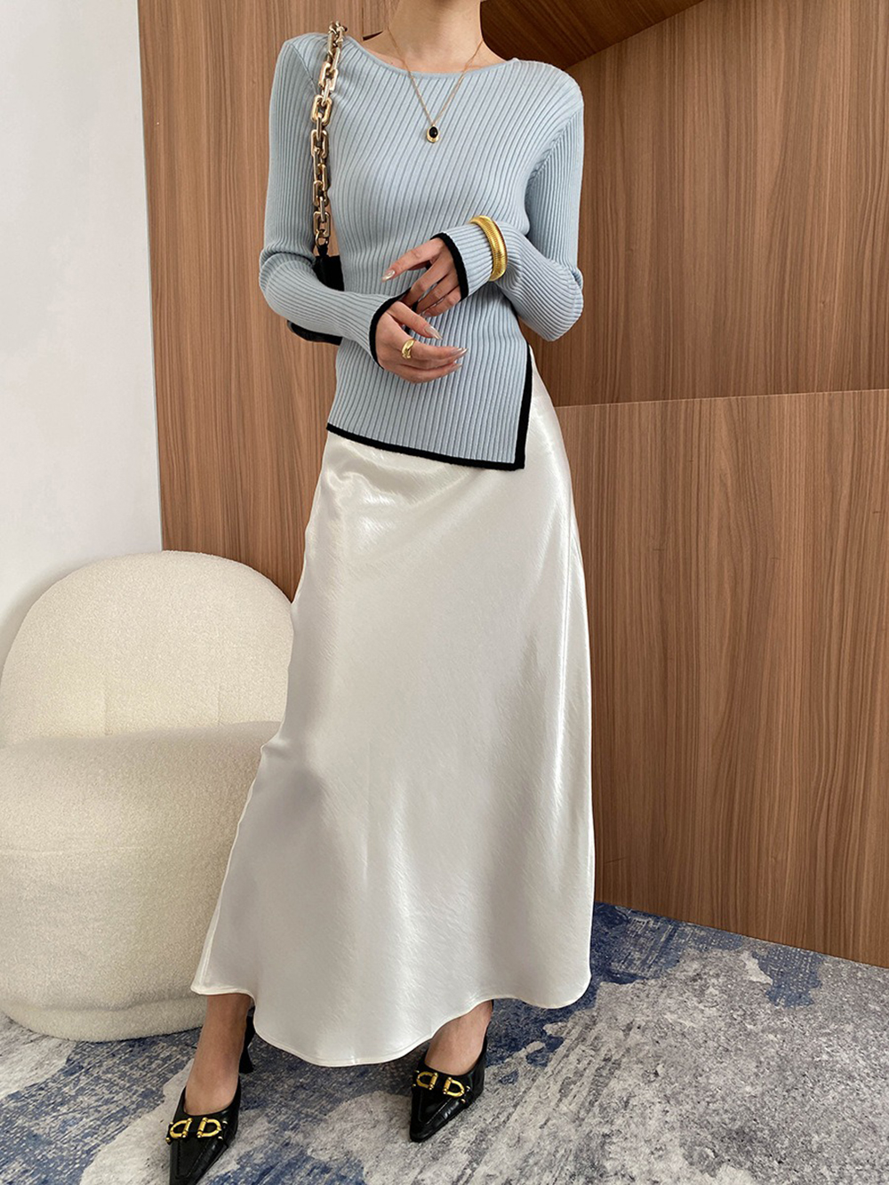 鬆緊高腰珠光緞面長裙,evaviva,4N-ZC09199,鬆緊高腰珠光緞面長裙,周新品優惠,NEWARRIVAL