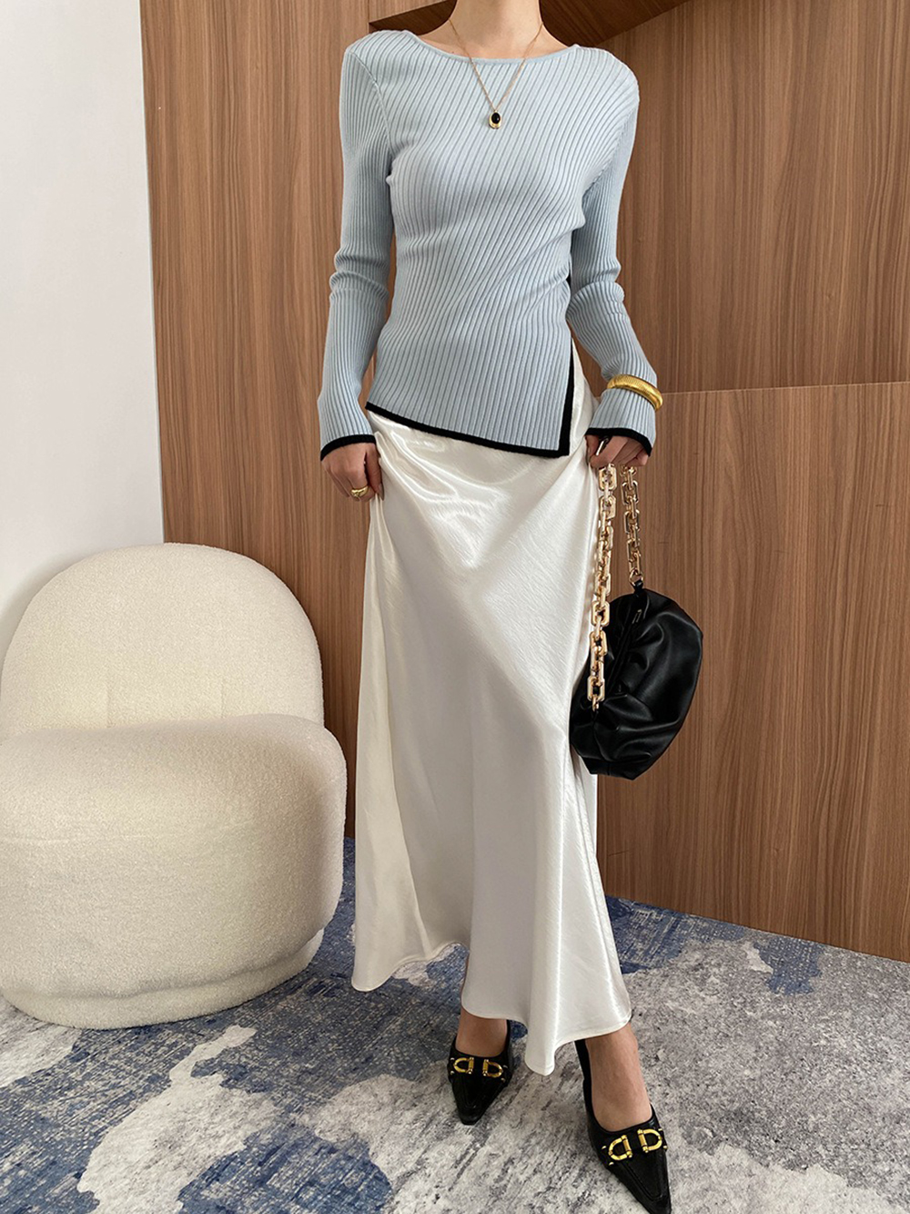 鬆緊高腰珠光緞面長裙,evaviva,4N-ZC09199,鬆緊高腰珠光緞面長裙,周新品優惠,NEWARRIVAL