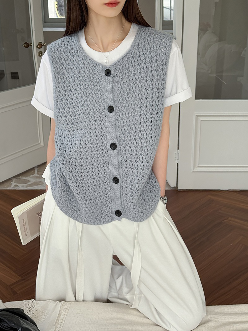 鏤空針織圓領背心,evaviva,8C-GW7436,鏤空針織圓領背心,領500,999免運