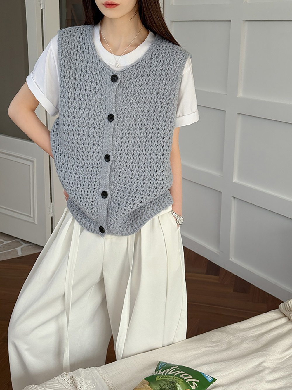 鏤空針織圓領背心,evaviva,8C-GW7436,鏤空針織圓領背心,領500,999免運