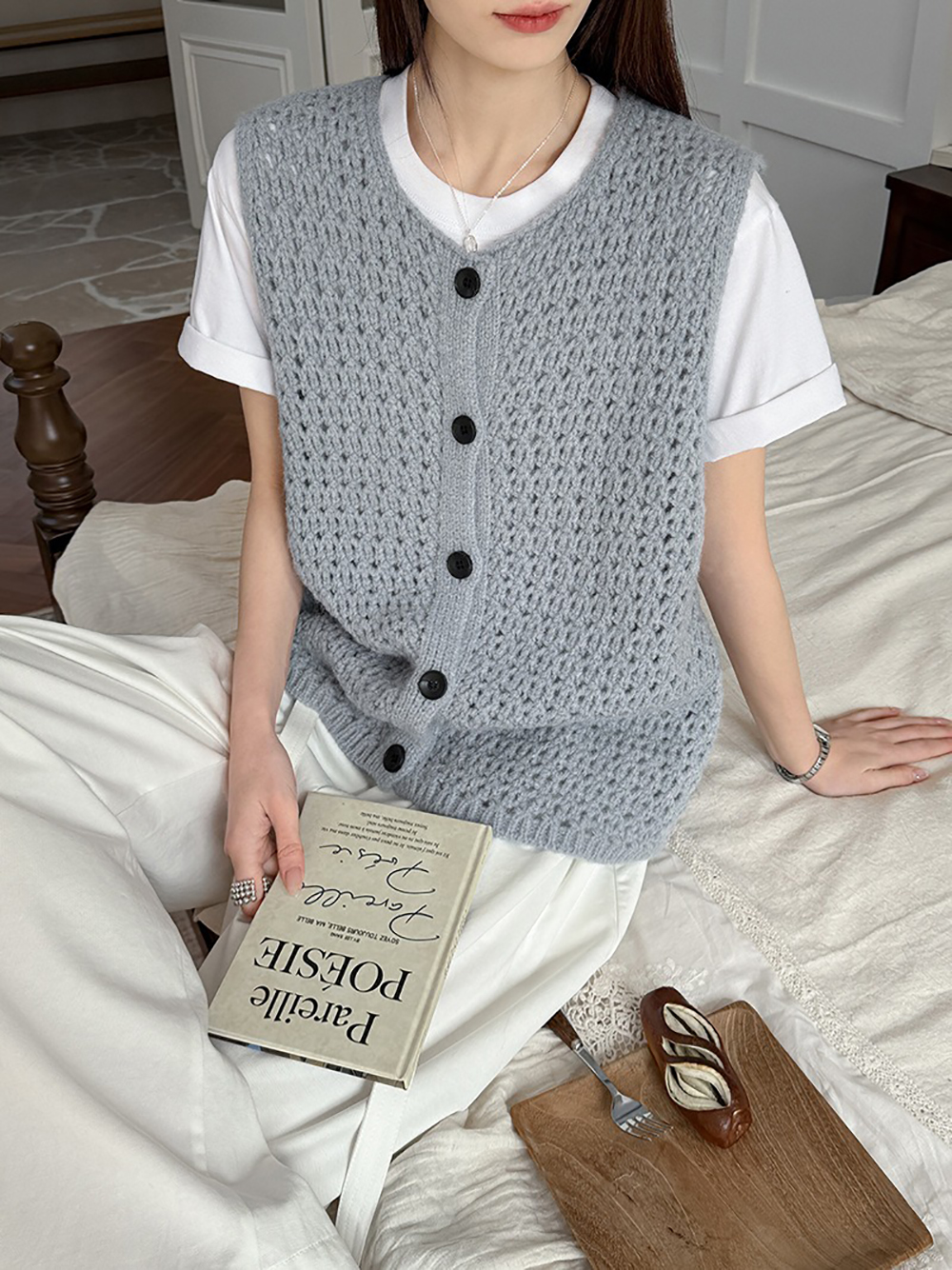 鏤空針織圓領背心,evaviva,8C-GW7436,鏤空針織圓領背心,領500,999免運