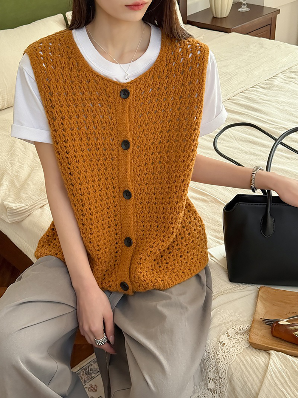 鏤空針織圓領背心,evaviva,8C-GW7436,鏤空針織圓領背心,領500,999免運